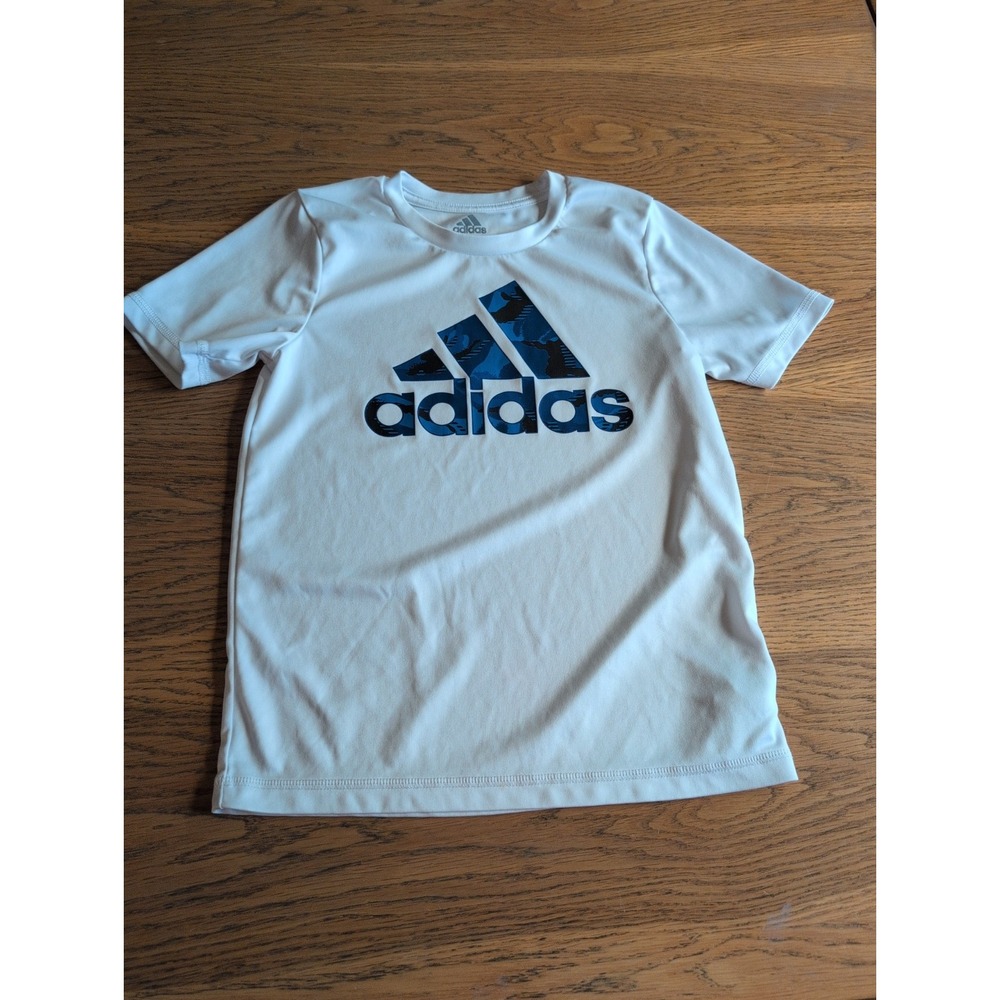 Adidas White Polyester Top Short Sleeve with Blue Graphic Sz 6 EUC